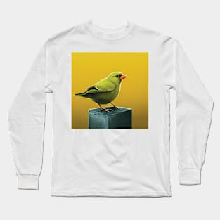 Greenfinch on a post on a striking yellow background Long Sleeve T-Shirt